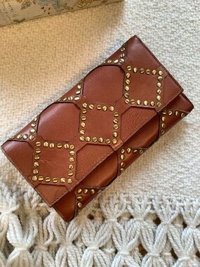 Patricia Nash Whiskey Brown Leather Brass Studs Large Tri-fold Wallet